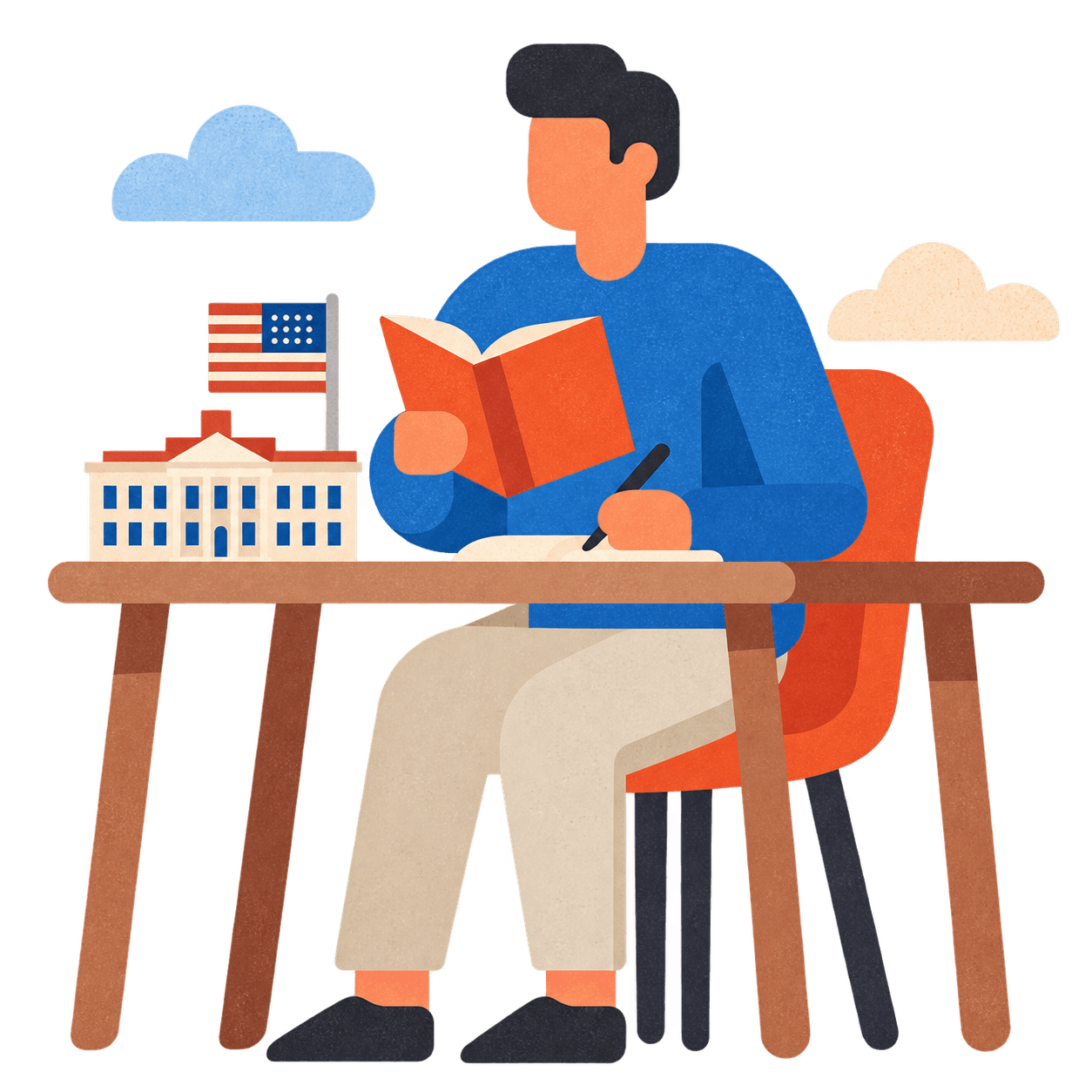 Person studying for the US civics exam with a White House model on the desk